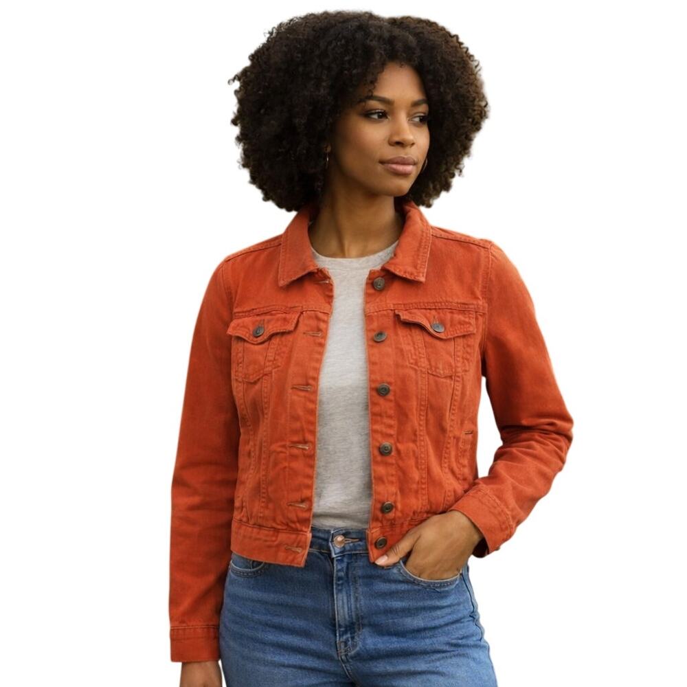 L.L. Bean Women’s XS Orange Denim Jean Jacket Button Front Classic Fit